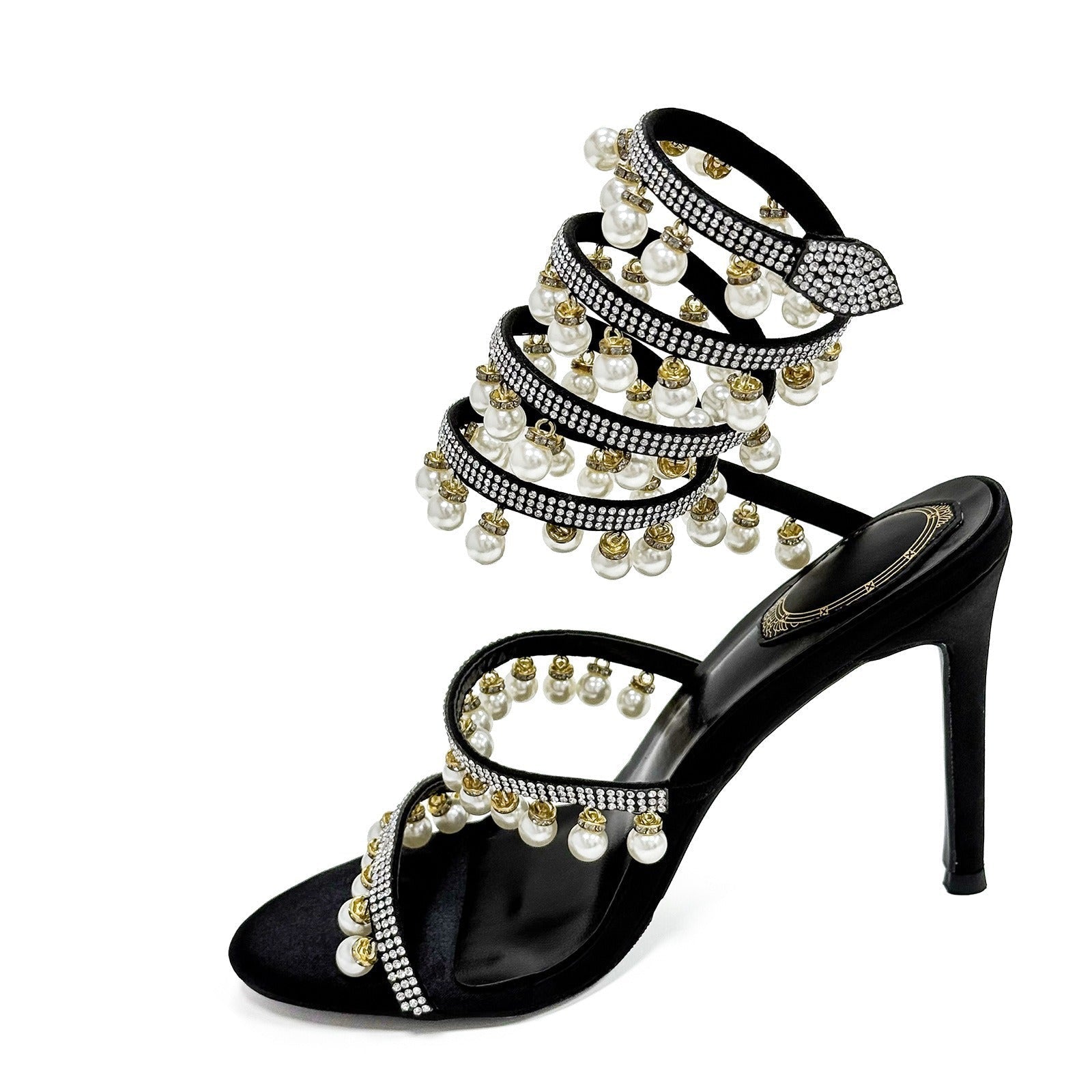 Black White Champagne 10cm Stiletto Heel Small round Toe Rhinestone Pearl High Heel Women Sandals Summer Heels DestGlow
