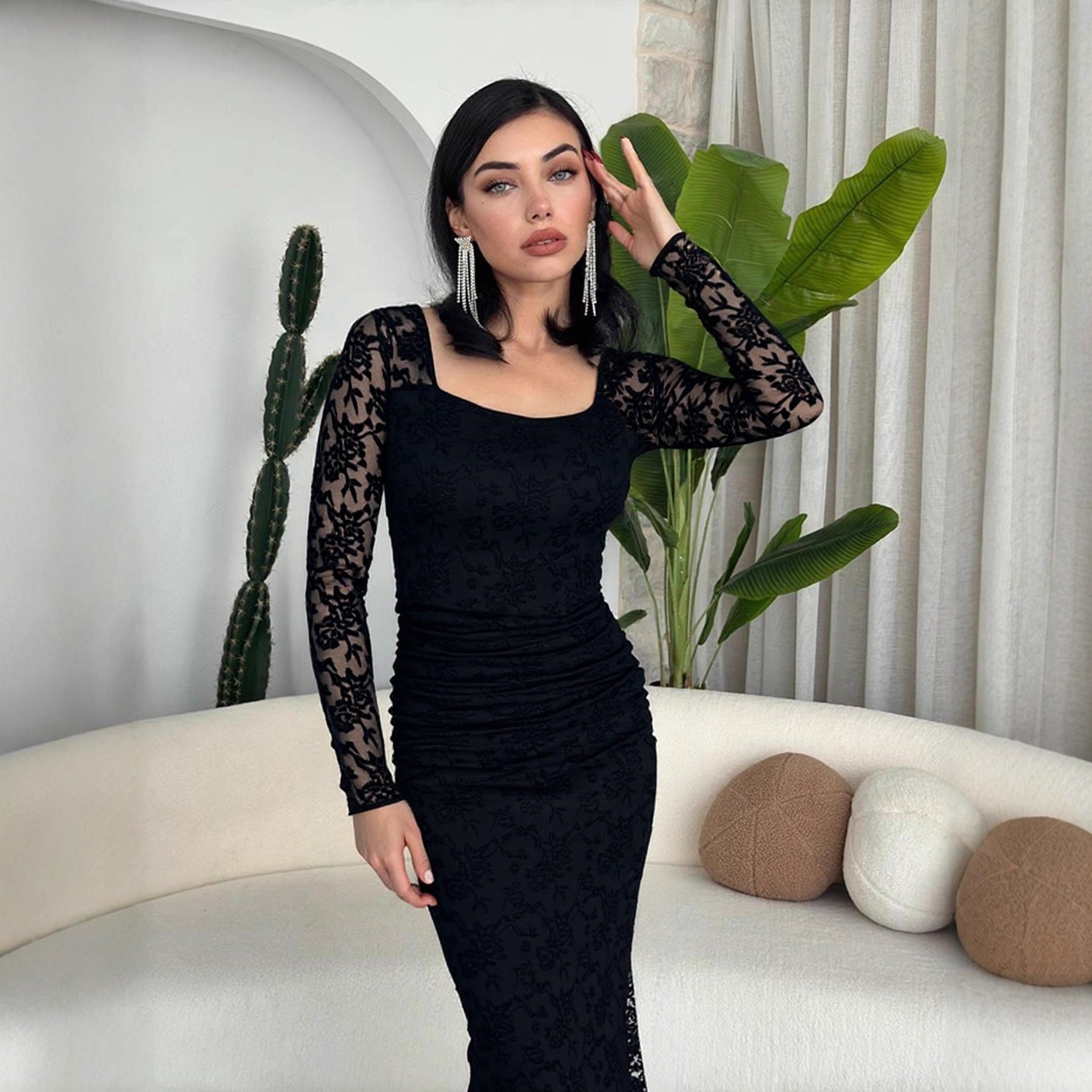Autumn Winter Women Clothing Fashionable Elegant Lace Stitching Square Collar Slimming Pleated Maxi Dress by Ragazza
