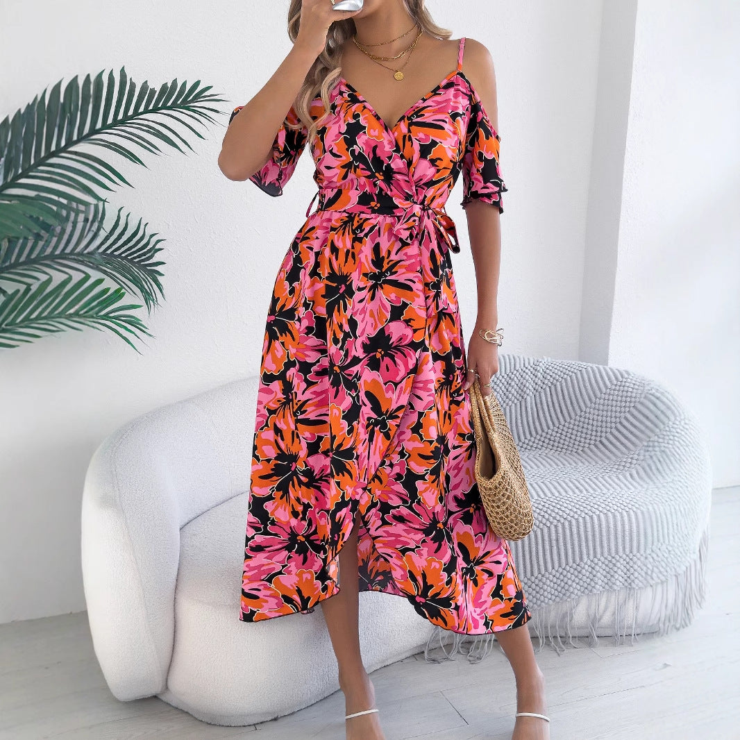 Spring Summer Strapless Cross V neck Floral Strap Dress Holiday Dress Women Clothing by Ragazza
