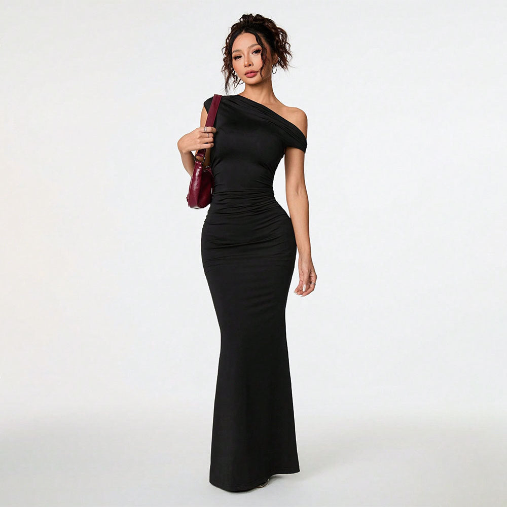 Women Clothing Sexy Socialite Dress Summer Off Shoulder Oblique Collar Black Formal Dress DestGlow