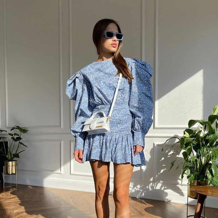 Women Clothing Spring Printed Floral Dress Long Sleeve Cinched Pleated Casual Dress by Ragazza