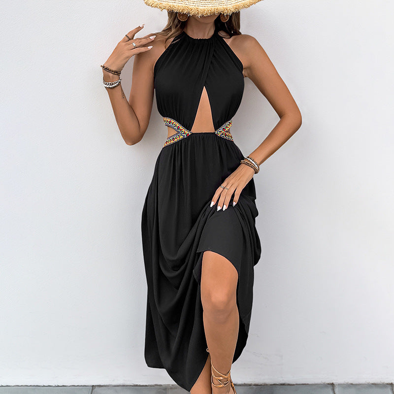 Women Casual Holiday Hollow Out Cutout Ethnic Webbing Decorative Stitching Dress DestGlow
