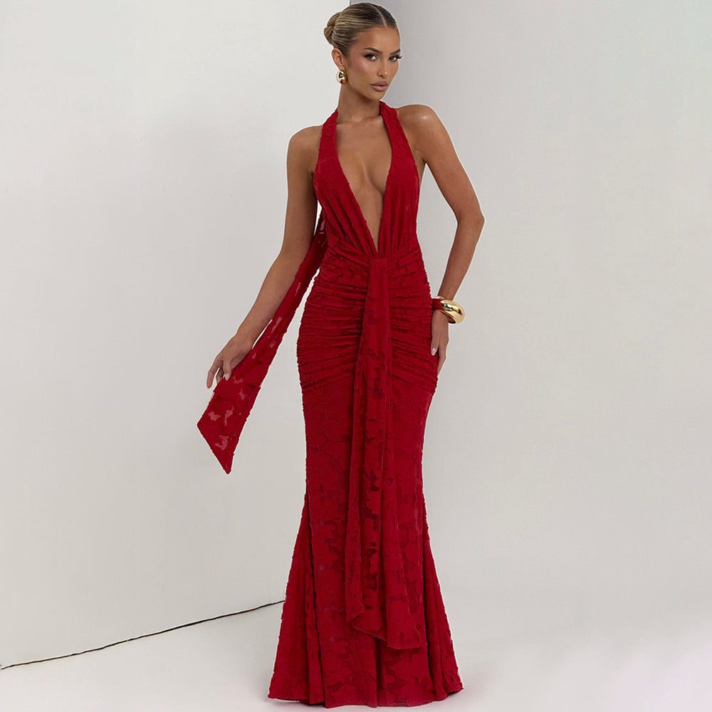 Lace Pleated Maxi Dress Women Sexy Deep V Plunge neck Backless Sheath Dress by Ragazza