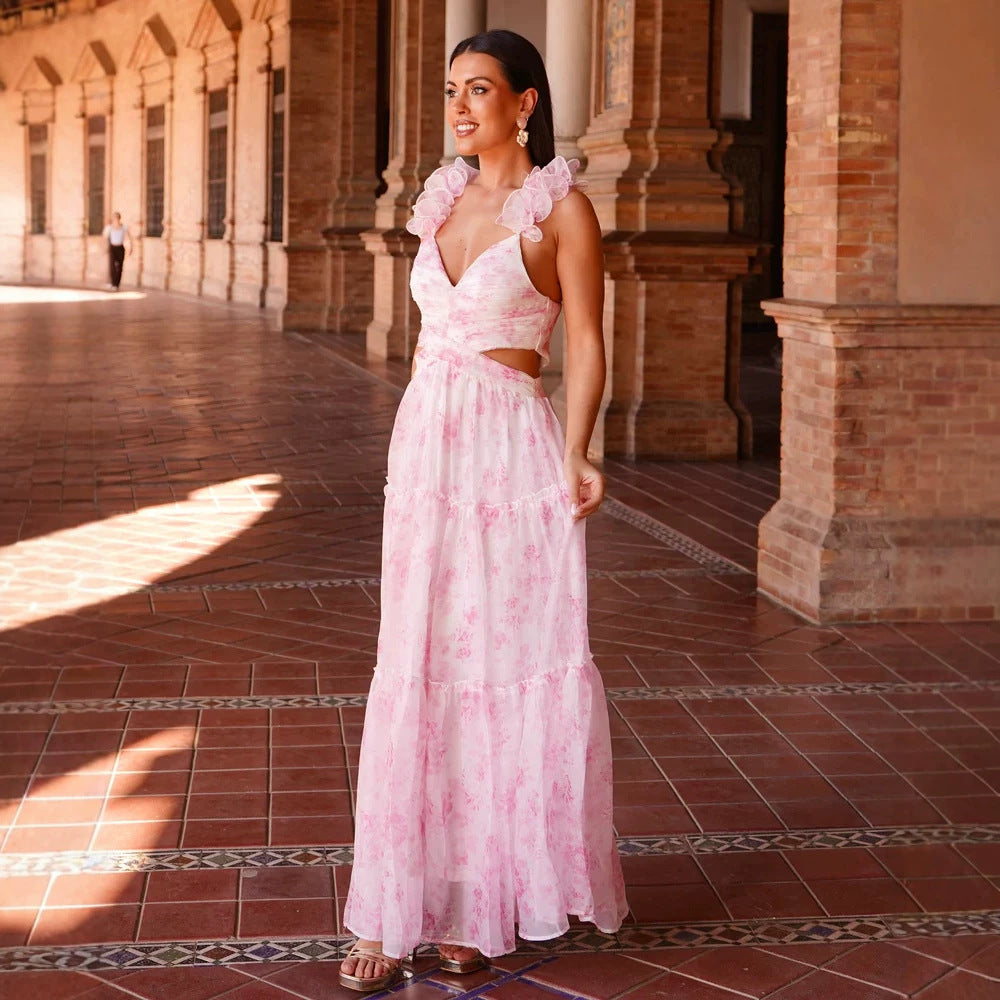 Spring Summer Vacation Chiffon Printed Backless V neck Strap Midi Dress DestGlow
