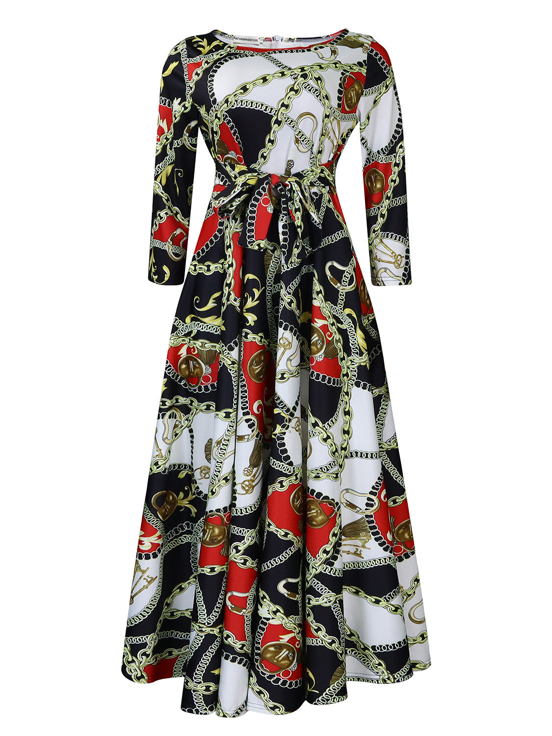 Women Clothing Spring Elegant Graceful Printed Lace up Large Dress by Ragazza