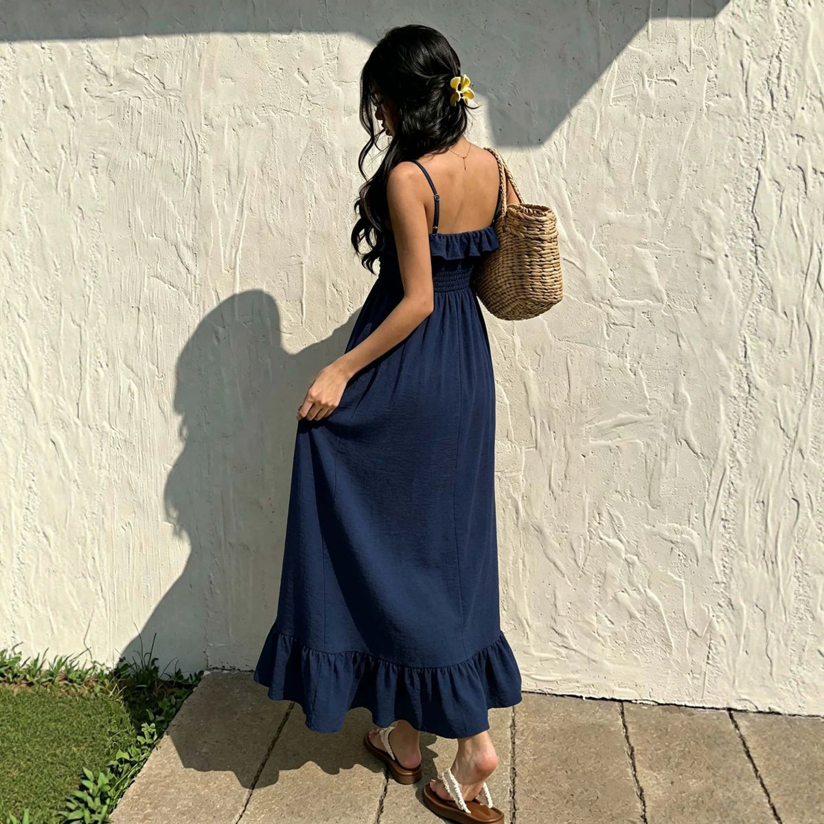Ruffled Spaghetti Straps Dress Women Summer Tight Waist Slim Backless Long Vacation DestGlow