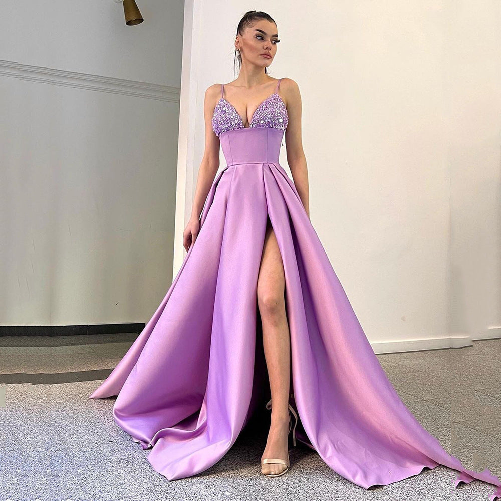 Spring Summer Women Clothing Dress Deep V Plunge Sequin Sling Sexy Slit Dress by Ragazza