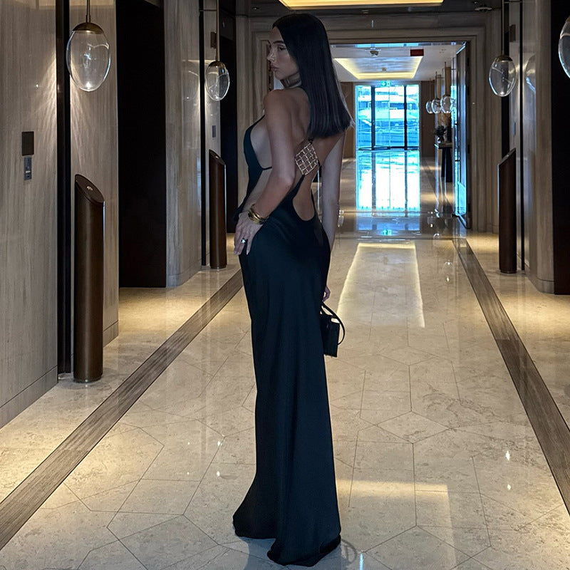 Spring Women Solid Color Irregular Asymmetric Sexy Slim Fit Backless round Neck Sheath Dress for Women by Ragazza