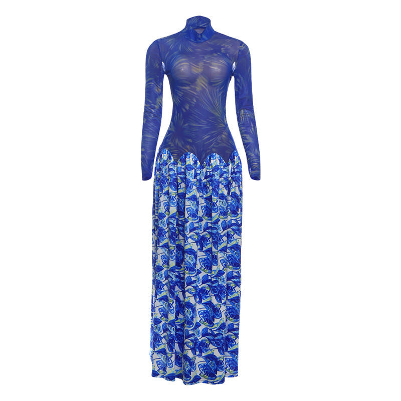 Autumn Winter Women Blue Enchantress Mesh Stitching Long Sleeves Half Turtleneck A line Dress by Ragazza