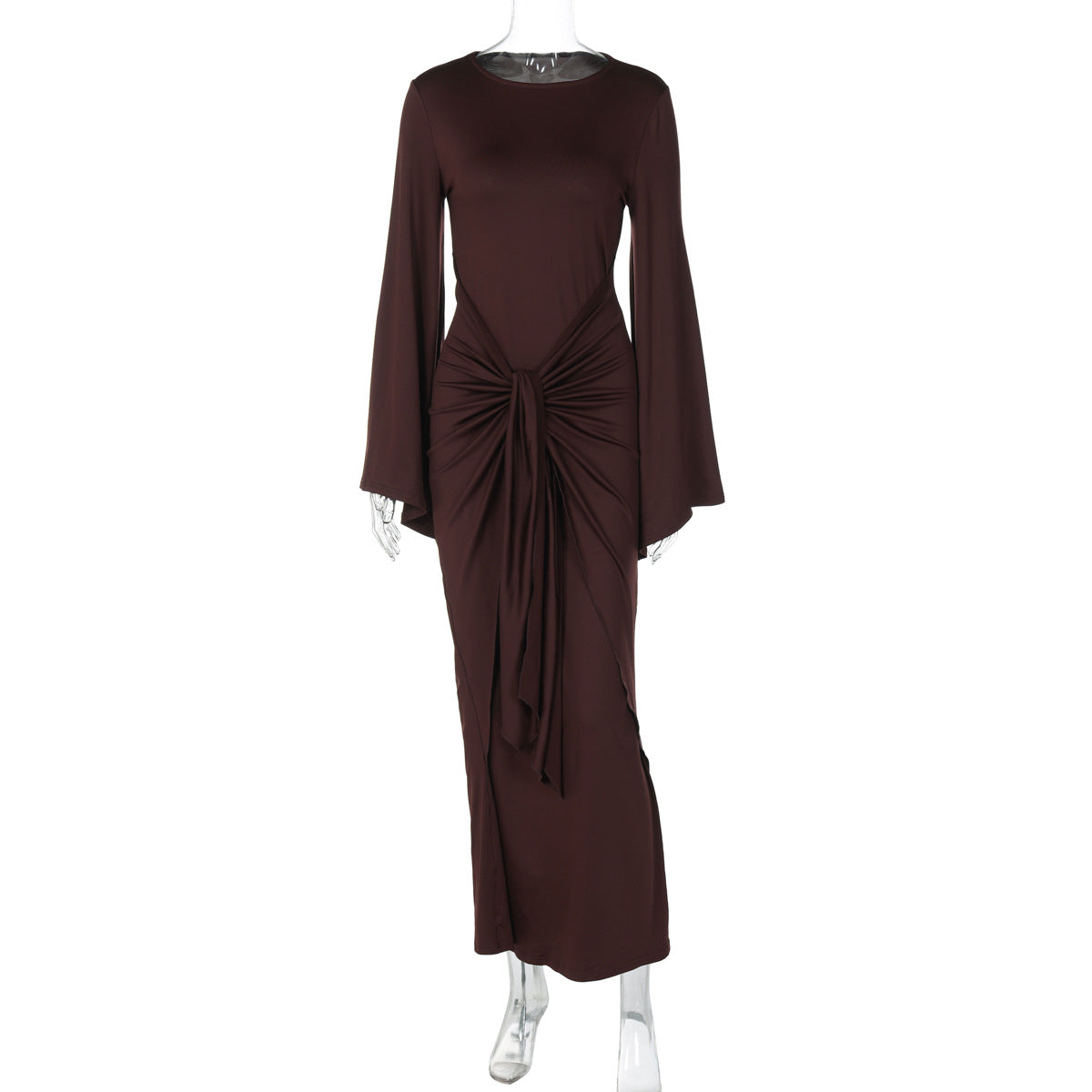 Women Clothing Autumn Pleated Waist Tight Lace up Long Sleeve Dress Women by Ragazza