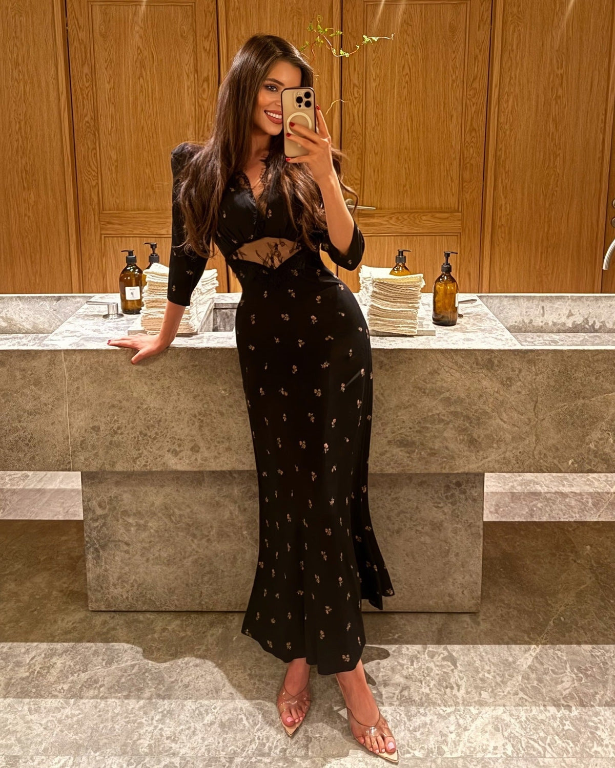 Spring Summer Floral Print Black Lace Stitching Dress DestGlow