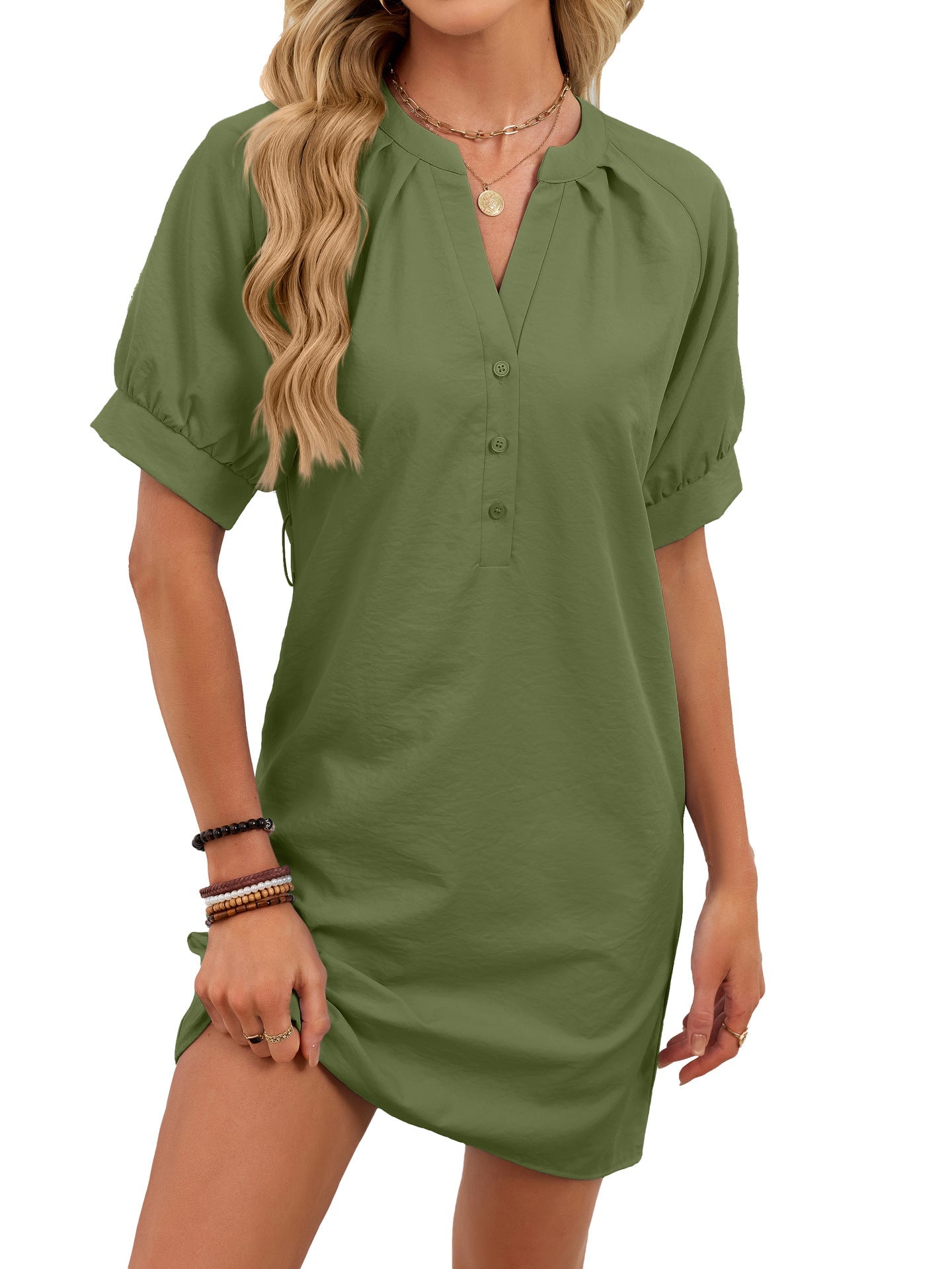 Women Clothing Spring Summer Solid Color Casual V neck Lace up Dress by Ragazza