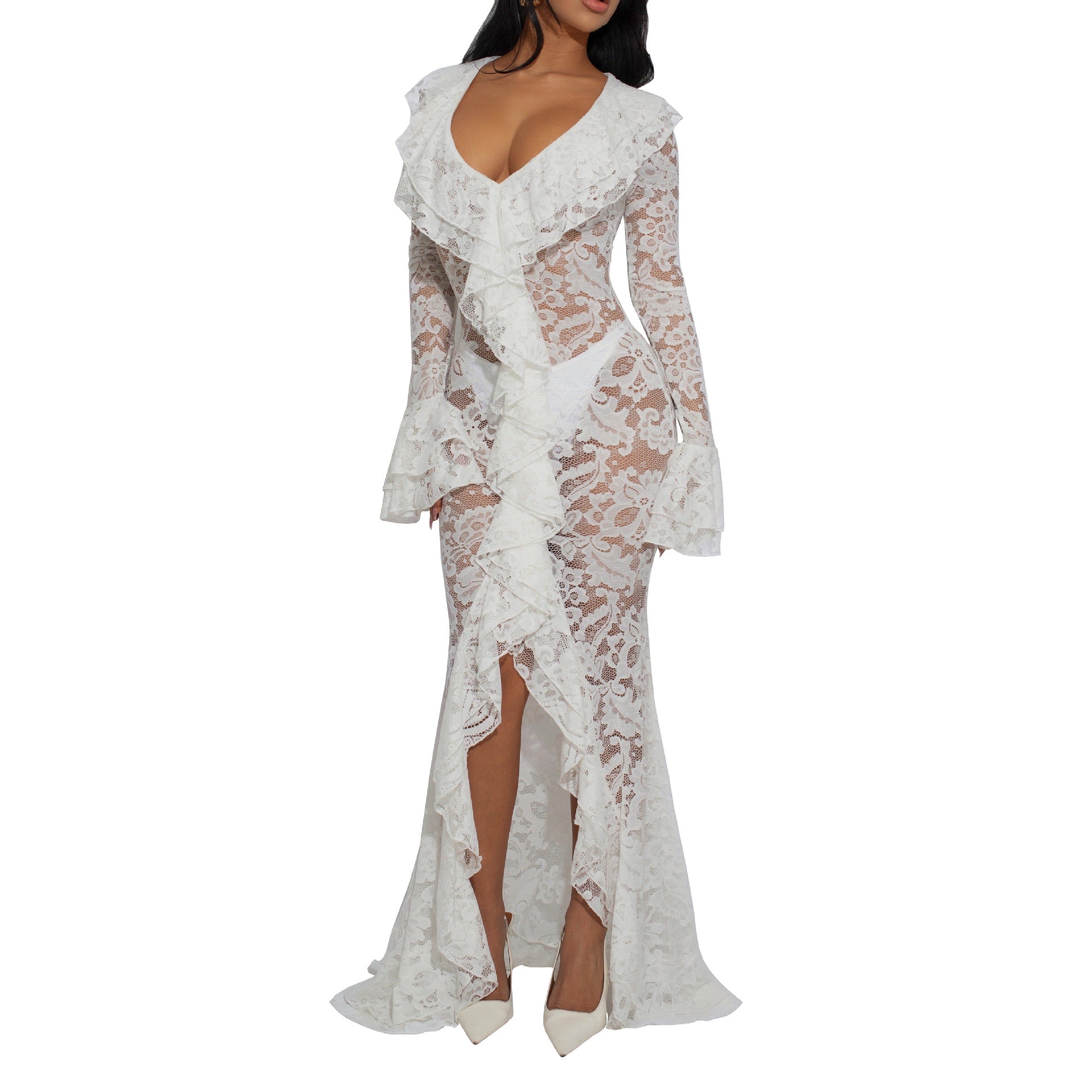 Women Clothing Sexy See through Lace V neck Long Sleeve Lace Dress Gown DestGlow