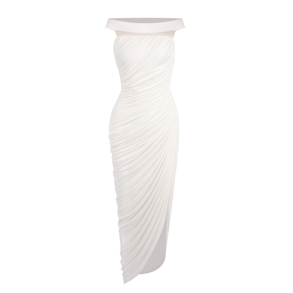 Sexy off the Shoulder Side Slit Draping Effect Pleated Slim Fit Dinner Birthday Party Dress DestGlow