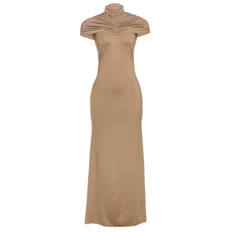 Women Clothing Autumn Winter Elegant Sexy Slim Hollow Out Cutout Pleated Turtleneck Solid Color Dress by Ragazza