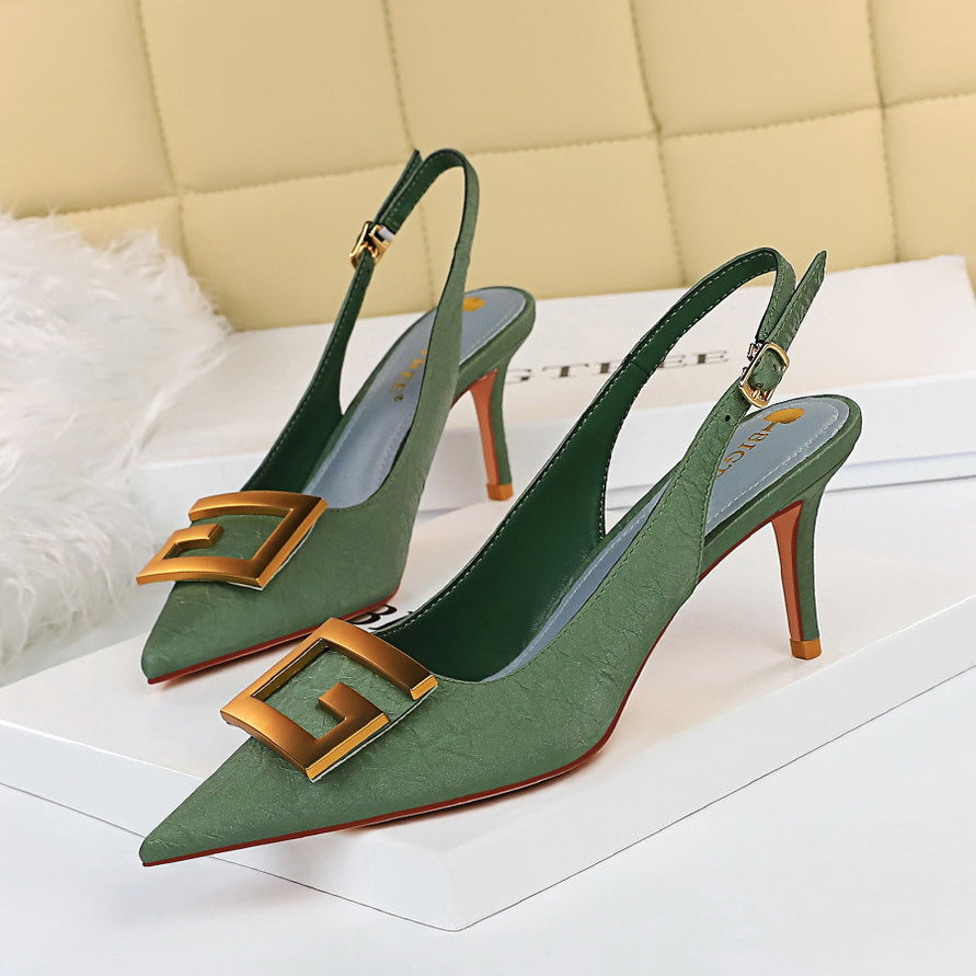 Women Shoes Stiletto Heel Shallow Mouth Pointed Toe Hollowed Back Strap Metal Square Buckle Pumps DestGlow