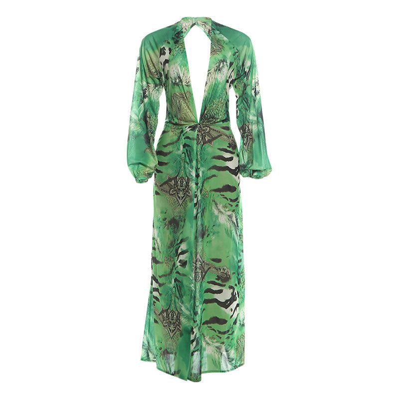 Summer Women Sexy Backless Deep V Plunge Split Long Sleeve Dress DestGlow