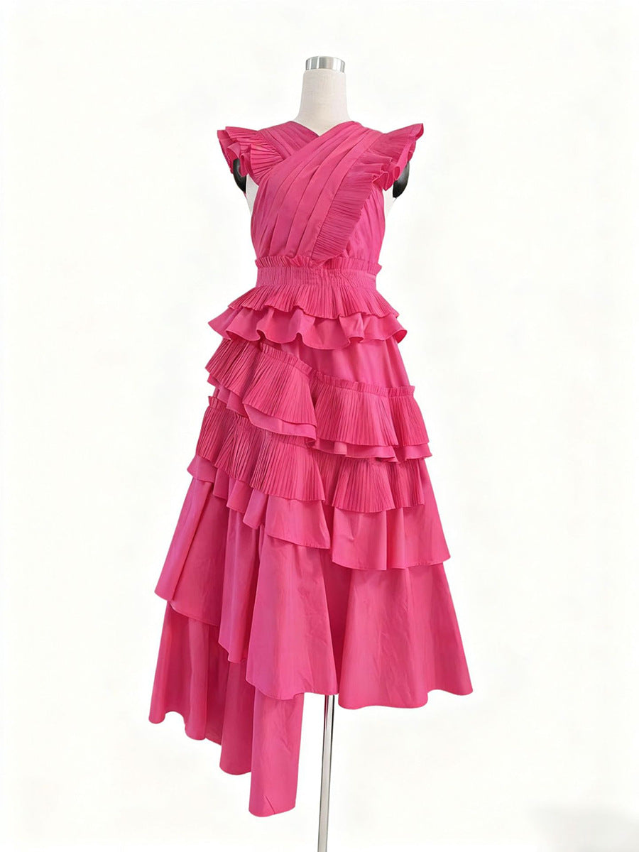 Spring Elegant Elegant Wooden Ear Stitching High Grade V neck Cross Maxi Dress Women Clothing by Ragazza