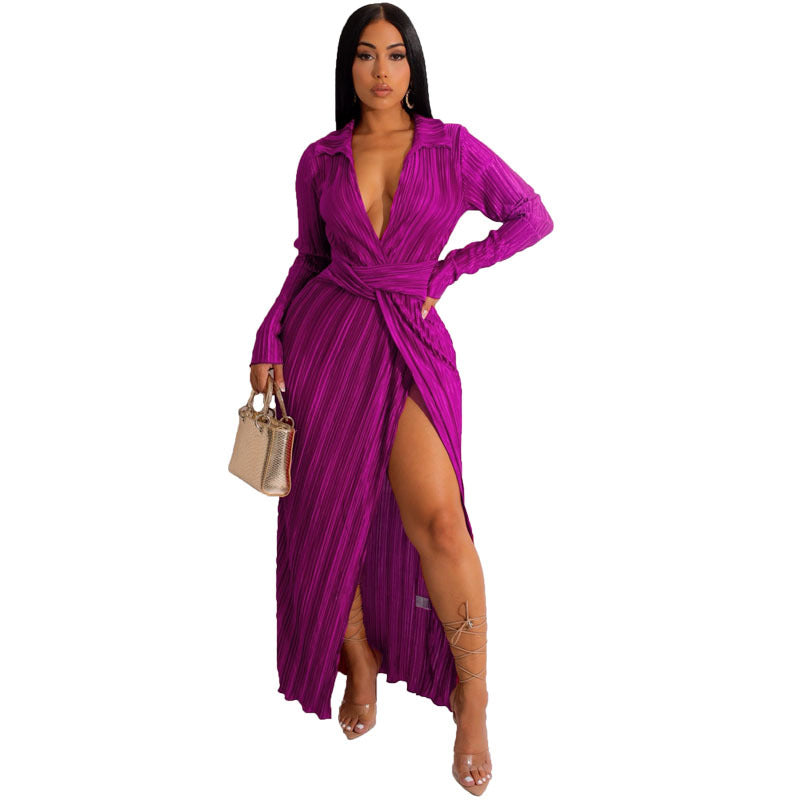 Sexy Slit Dress Autumn Winter V neck Long Sleeve Pleated Dress by Ragazza