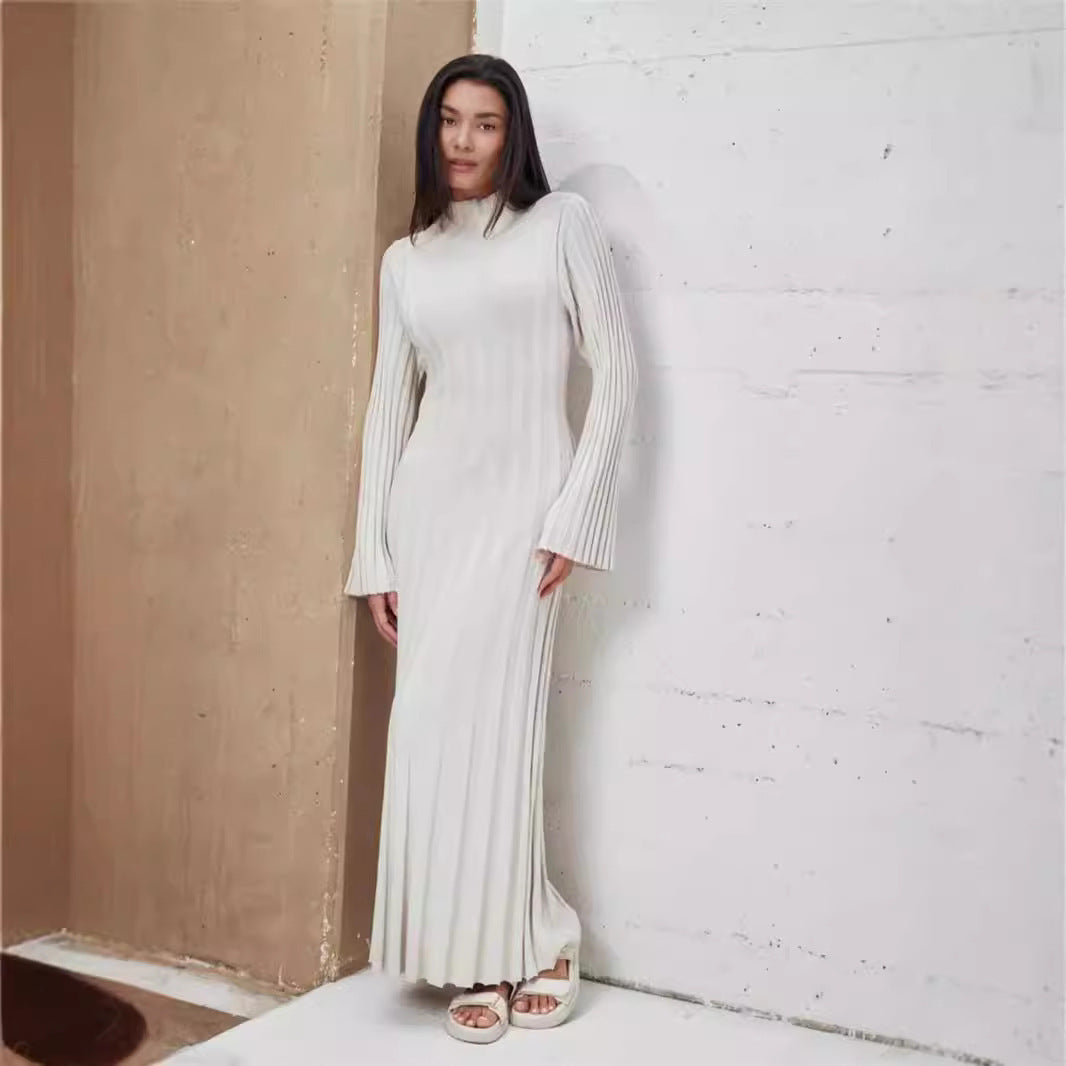 Autumn Winter Knitted Dress Casual Waist Tight round Neck Large Pit High Collar Slimming Knitted Maxi Dress for Women DestGlow