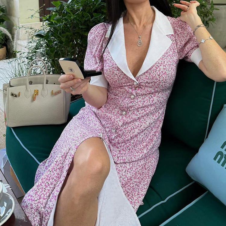 Elegant Floral Dress Summer Polo Collar Short Sleeve High Waist Print A line Dress for Women by Ragazza