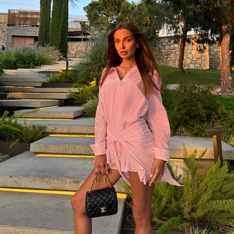 Full Support Ruffled Lace up Casual Elegant Solid Color Long Sleeve Shirt Dress by Ragazza