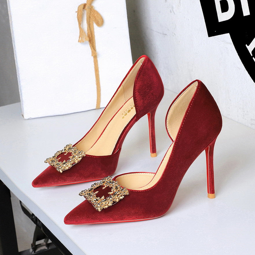 Korean Suede Side Empty Shoes Women Super High Heel Sexy Pointed Toe Rhinestone Square Buckle Stiletto Women Shoes DestGlow