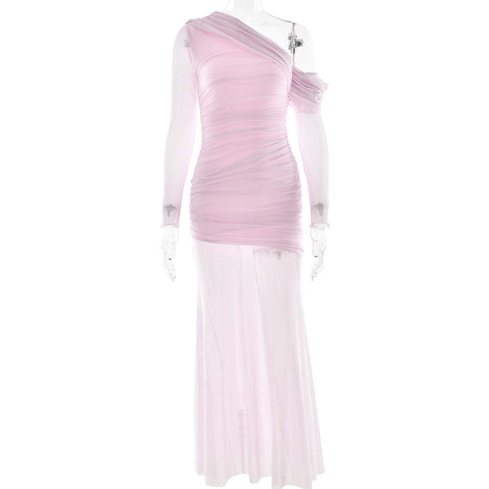Women Dress Mesh Stitching Pleated Solid Color Long Sleeve Slim Fit Maxi Dress by Ragazza