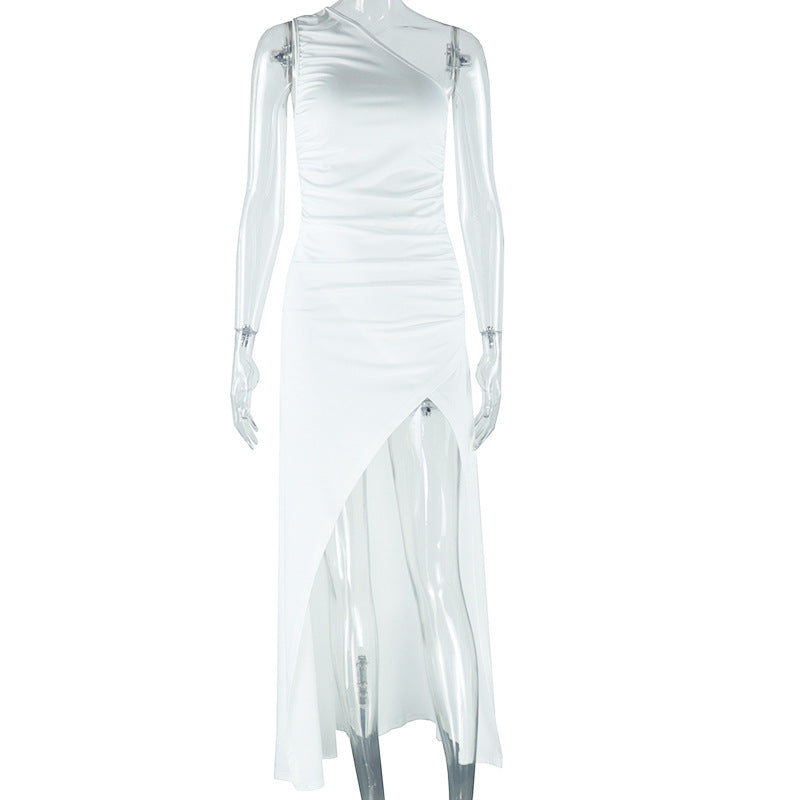 Women Clothing Solid Color Dress Diagonal Collar Open Shoulder Sleeveless Split Maxi Dress by Ragazza