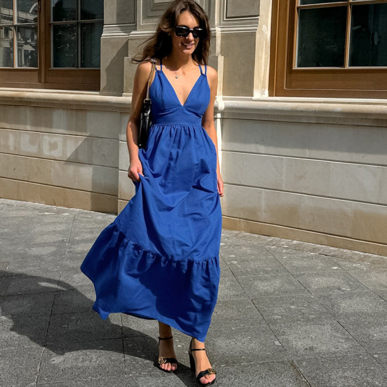 French Vacation Blue Cotton Linen V neck Strap Backless Dress Spring Summer Dress by Ragazza