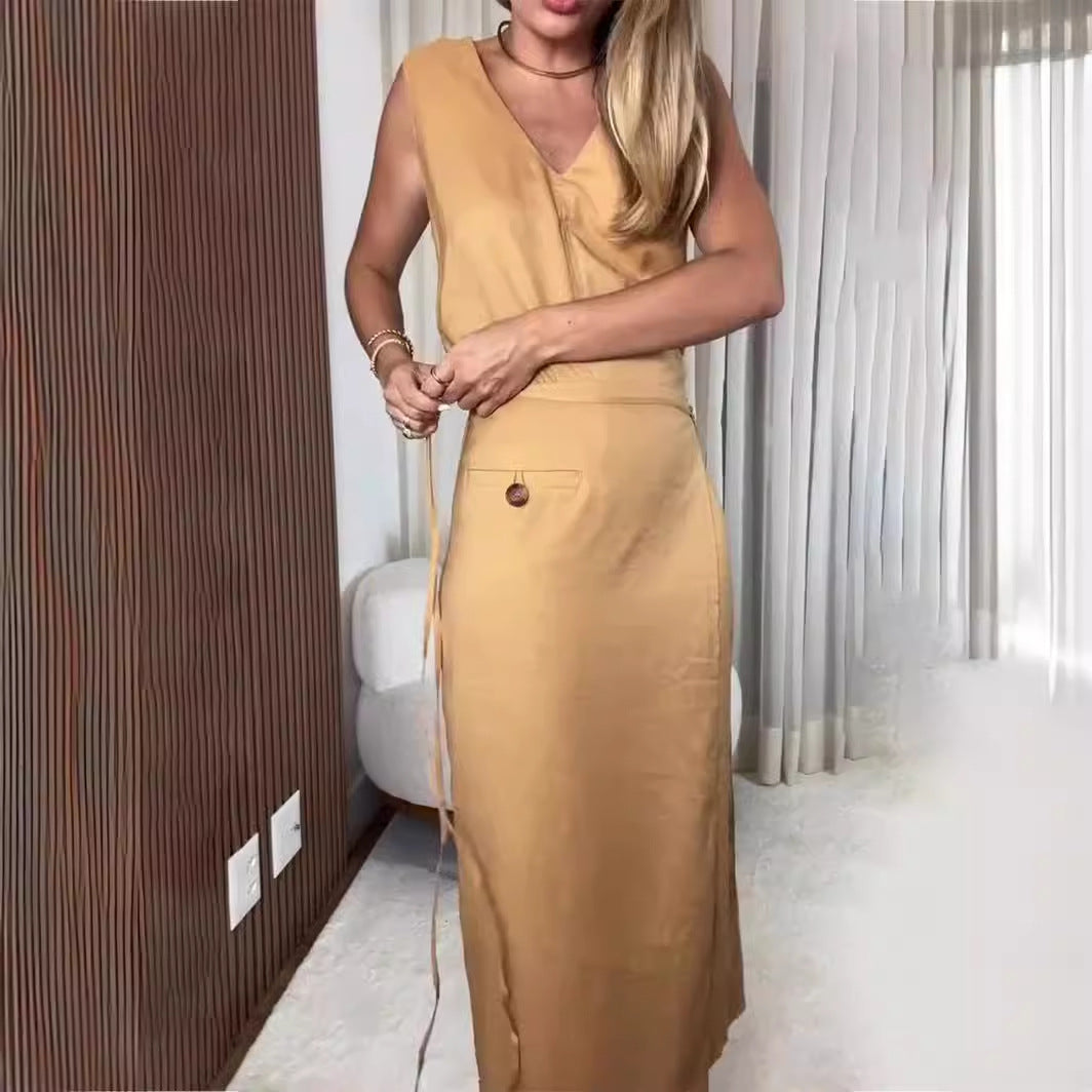 V Neck Sleeveless Irregular Asymmetric Lace Up Slim Dress Faux Two Piece Split Women Clothing by Ragazza