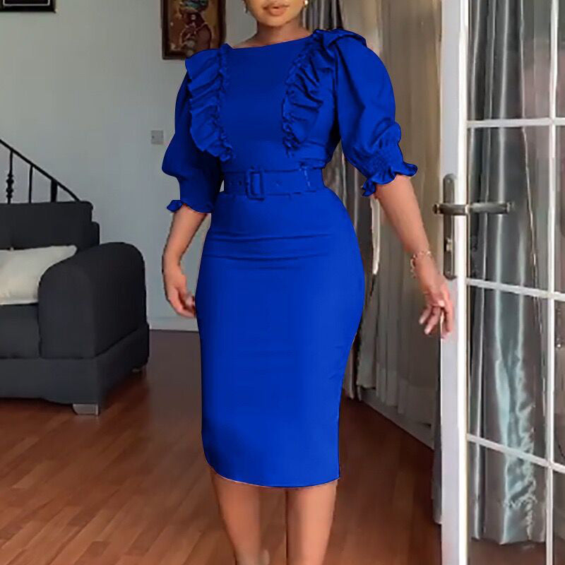 High Waist Wooden Ear Stitching Five Quarter Sleeve Office Women Dress by Ragazza