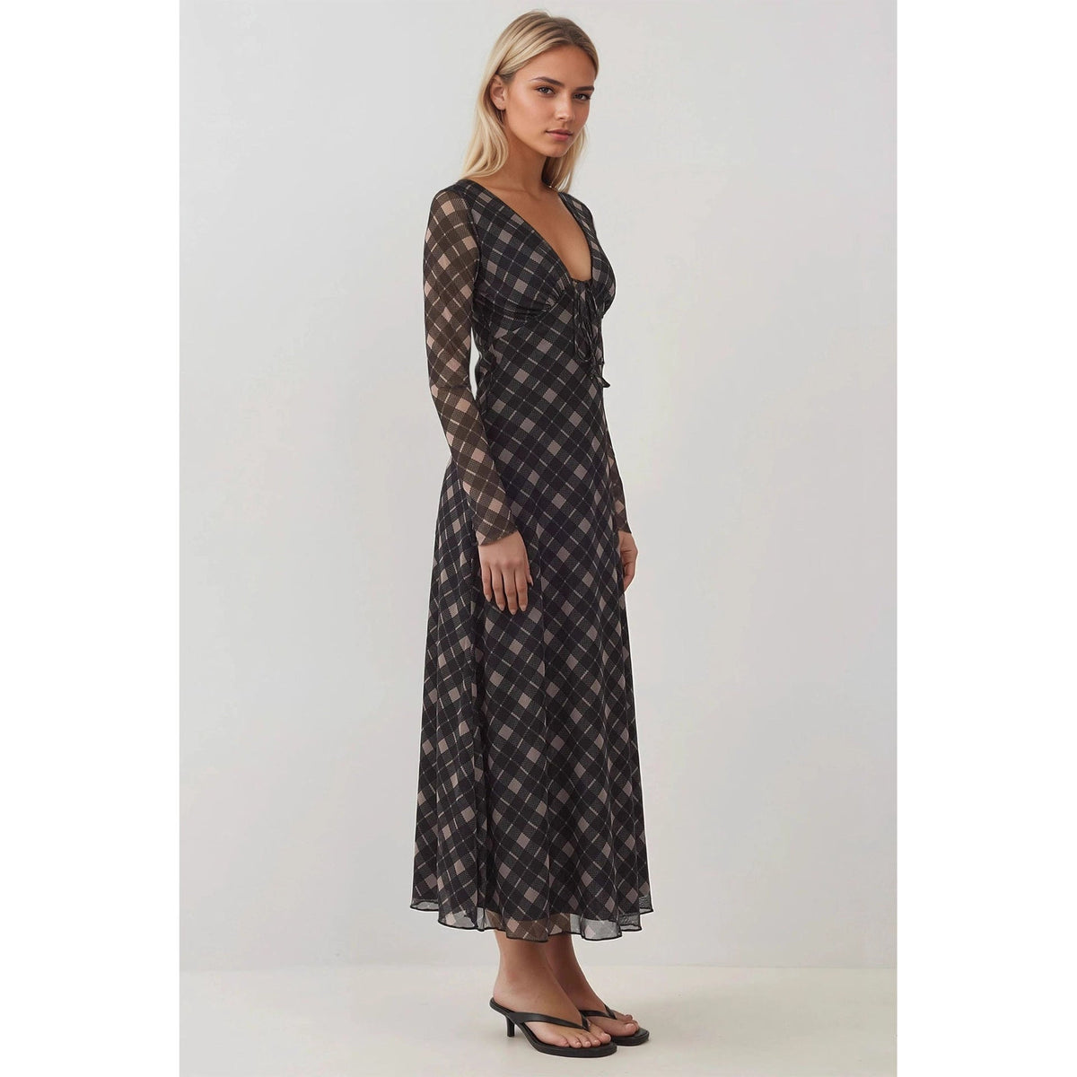 Autumn Retro V neck Lace up Plaid Elegant Graceful Slim Dress DestGlow
