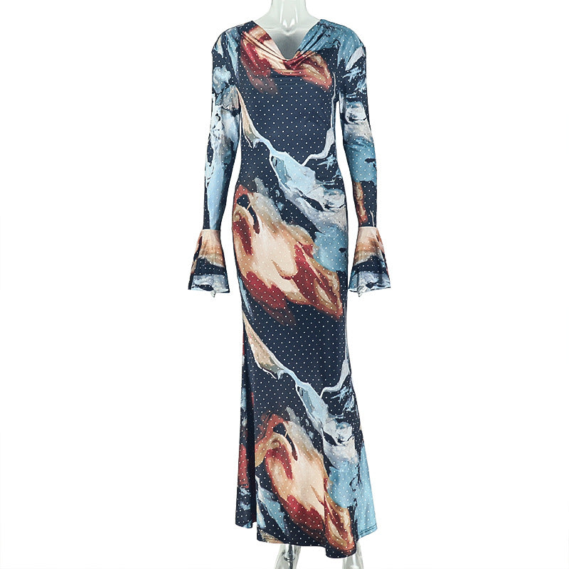 Printed Women Wear Street Elegant Asymmetry Hip Dress Diagonal Collar Shoulder Long Sleeve Dress DestGlow