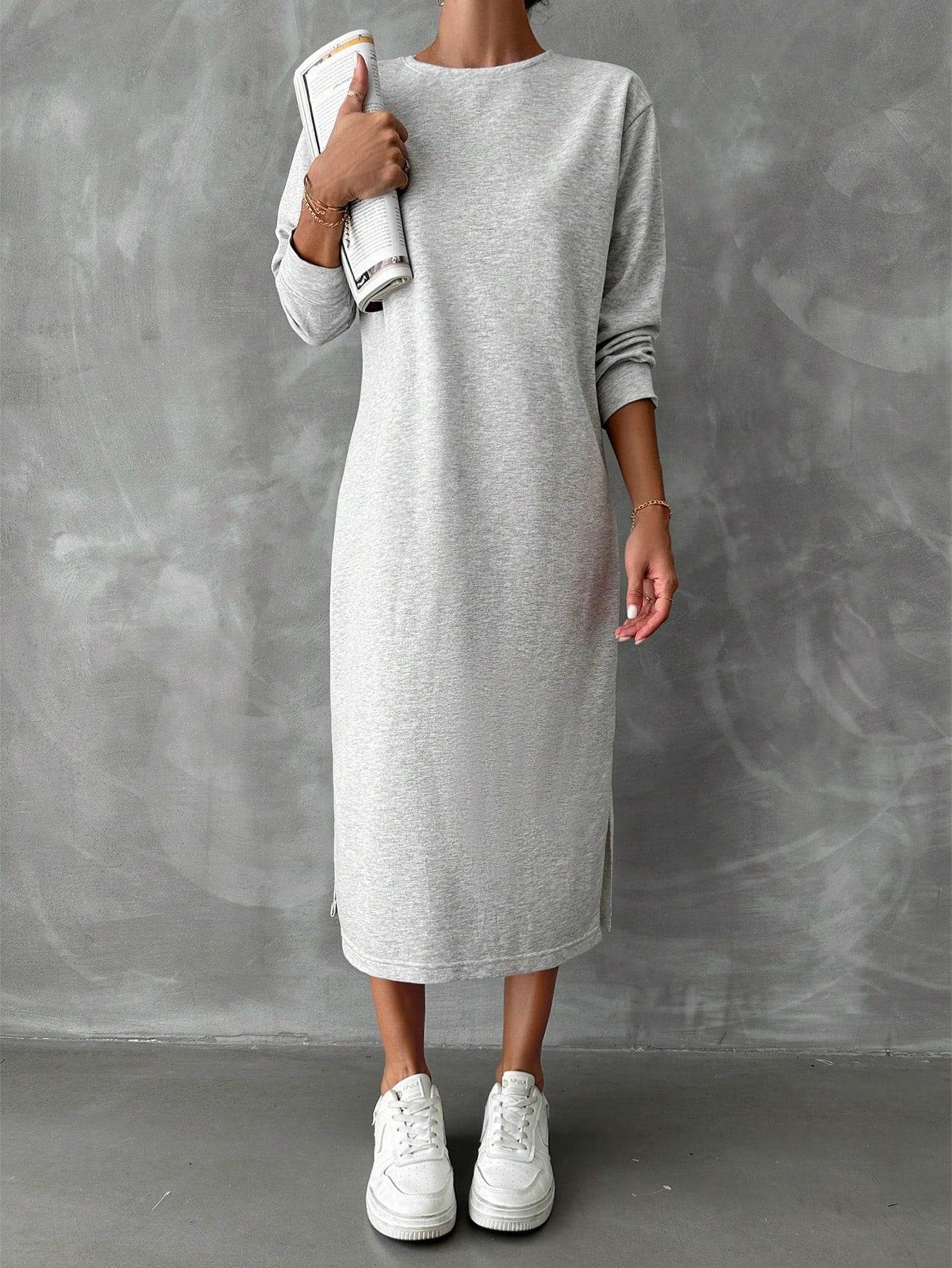 Solid Color Long-Sleeved Dress Women Spring Autumn Idle Drop Shoulder Sweater Dress All Matching Base Straight Midi Dress DestGlow