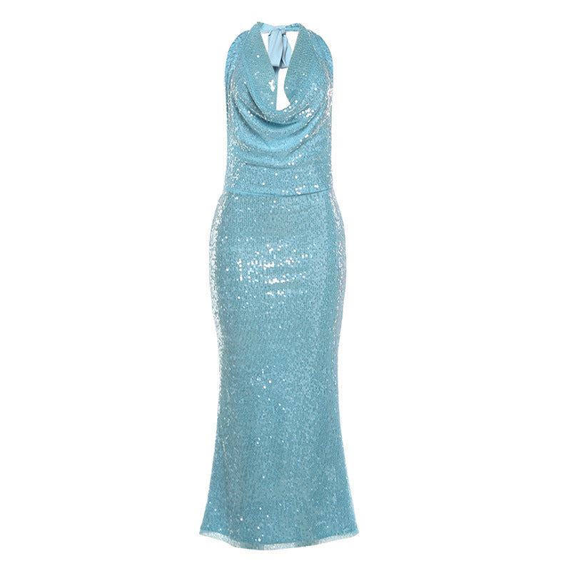 Winter Women Clothing Sequined Swing Collar Sexy Backless Halter Self Tie Slit Dress DestGlow