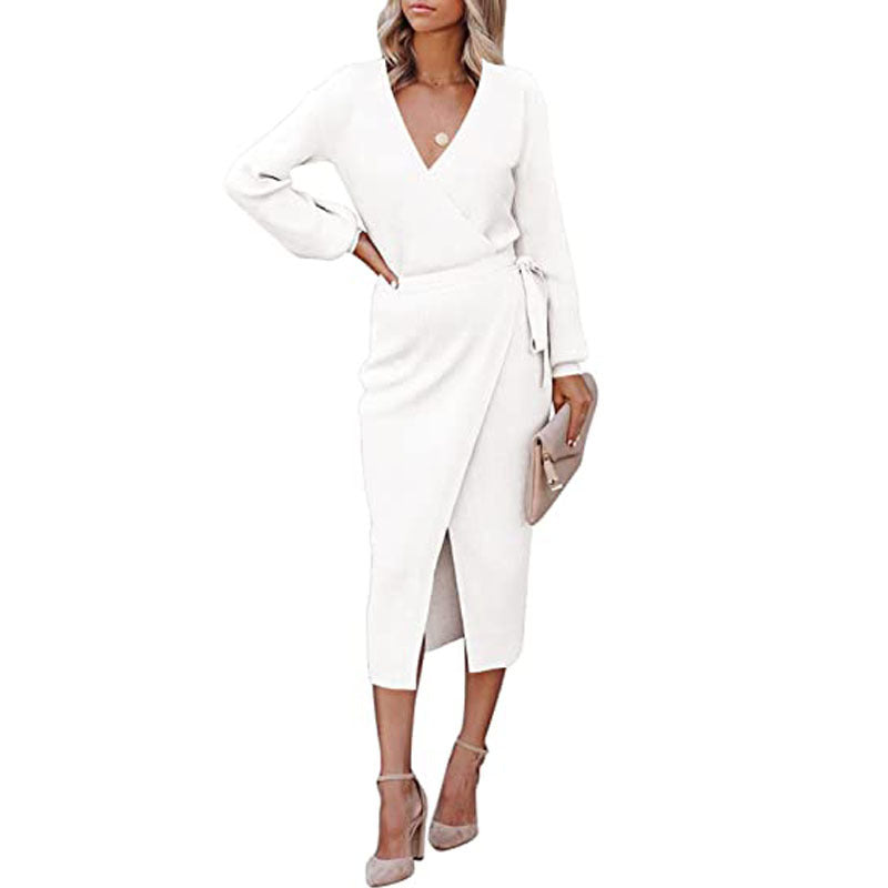 Autumn Winter Women Clothing Maxi Dress Elegant Graceful V-neck Knitted Dress DestGlow