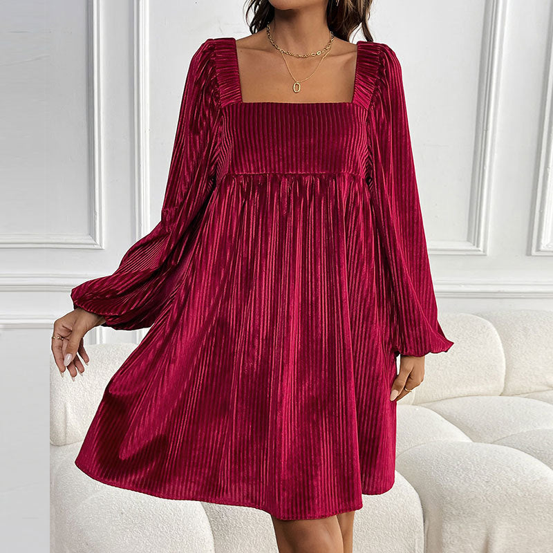 Autumn Winter Women Clothing Velvet Square Collar Solid Color Dress by Ragazza