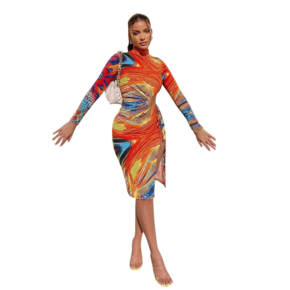 Women Clothing Sexy Mid Waist Printed Milk Silk Midi Dress by Ragazza