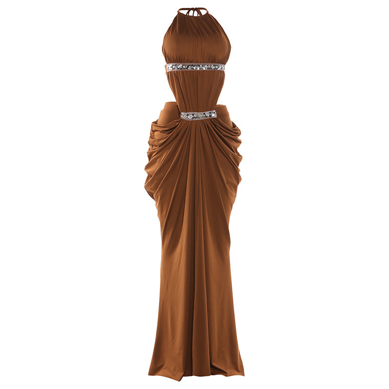 Spring Women Clothing Fashionable Sequ Stitching Halter Backless Thin Strap Sexy Front Slit Dress by Ragazza