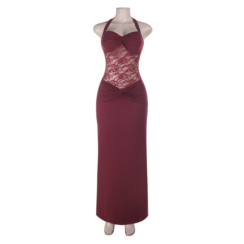 Halter Sexy Slim fit Solid Color Lace Splicing Sleeveless Skinny Sheath Dress by Ragazza