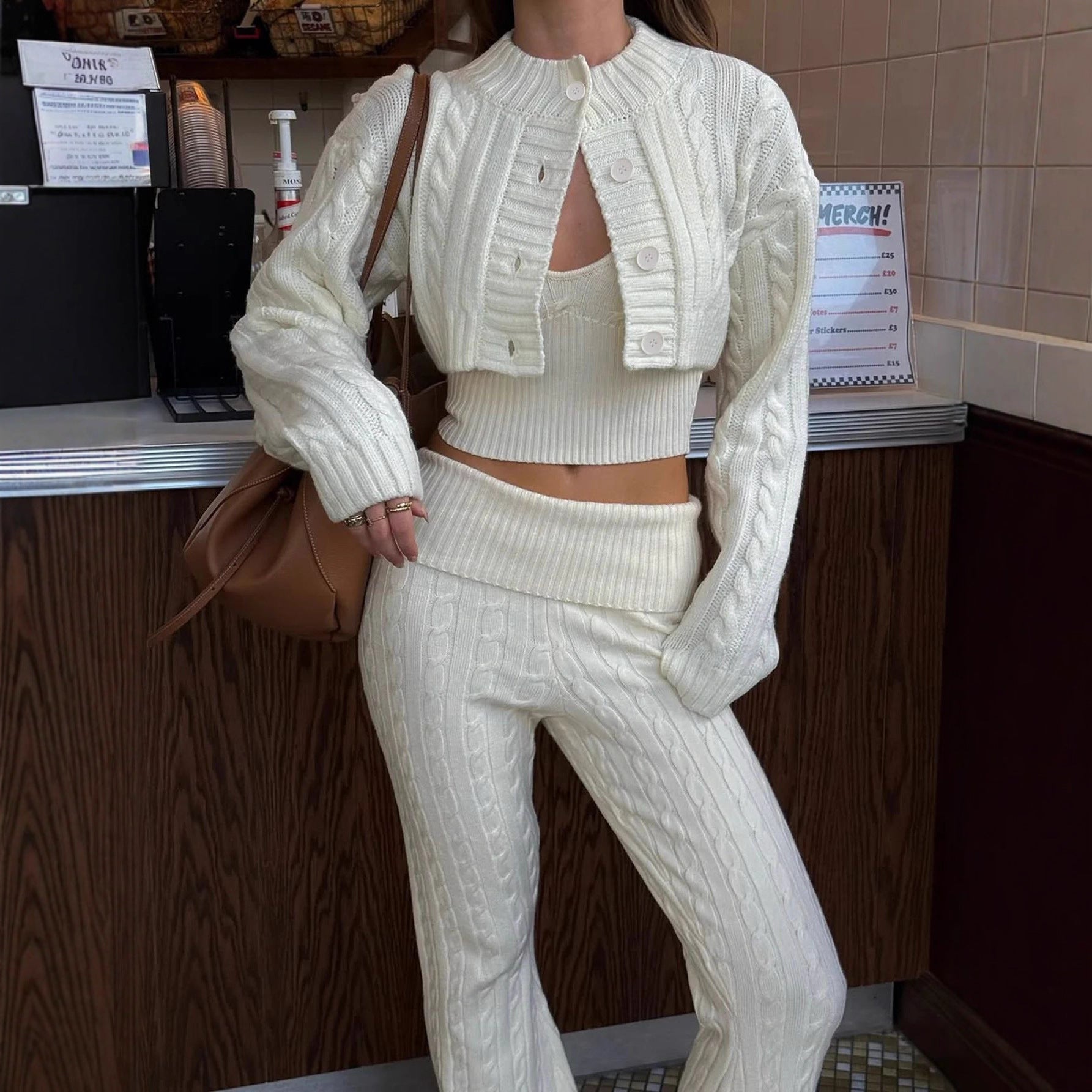 Autumn Winter Women Sexy Knitted Vest Short Top Loose Figure Flattering Straight Leg Pants Three Piece Sets by Ragazza