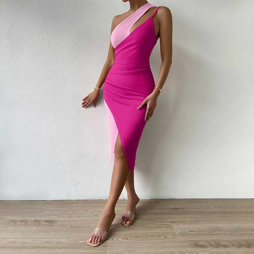 Knitted Color Contrast Patchwork Design Chest Hollow Out Cutout Cinched Sheath Dress by Ragazza