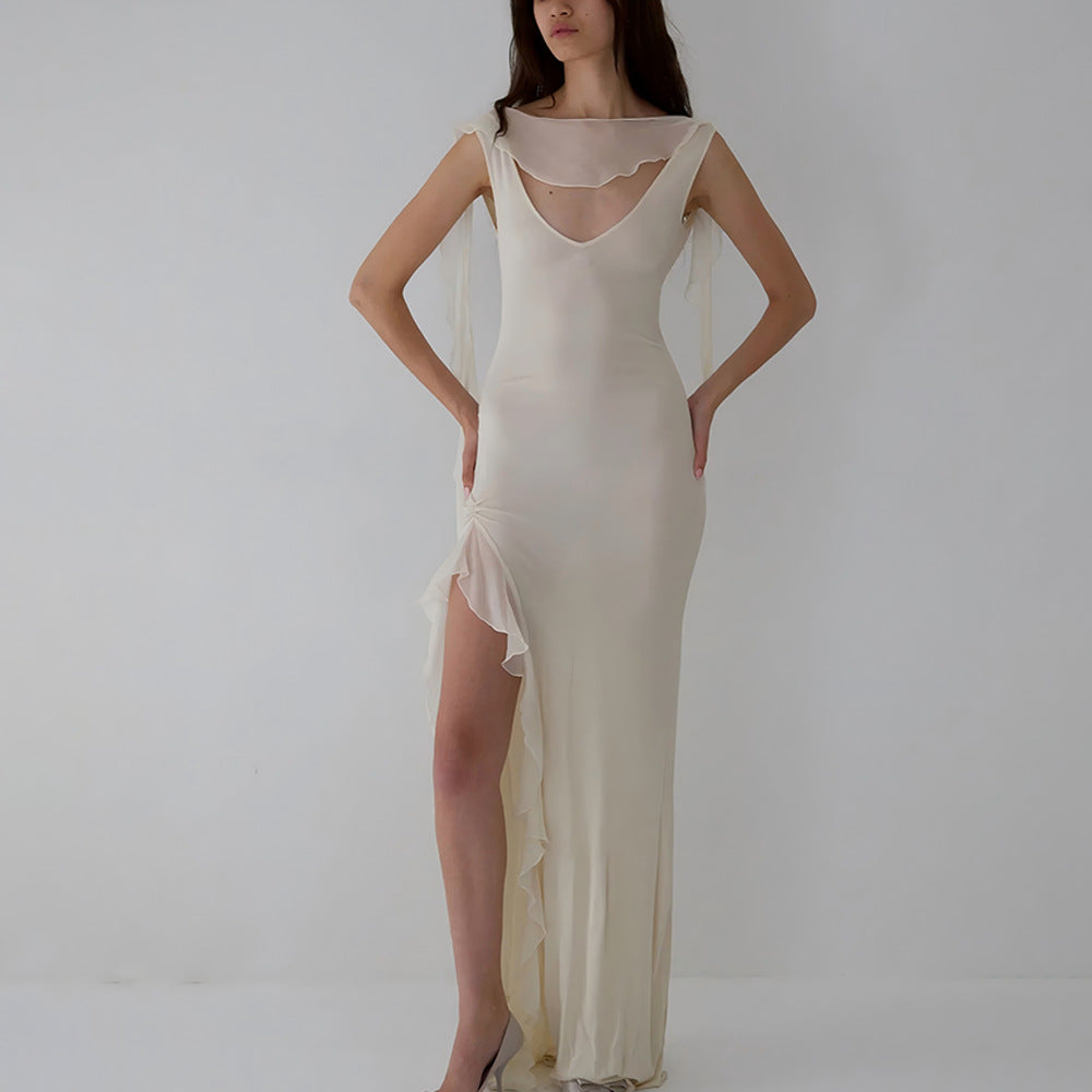 Summer Elegant Ribbon Women Dress Sexy Backless High Slit Ruffled Slim Dress by Ragazza