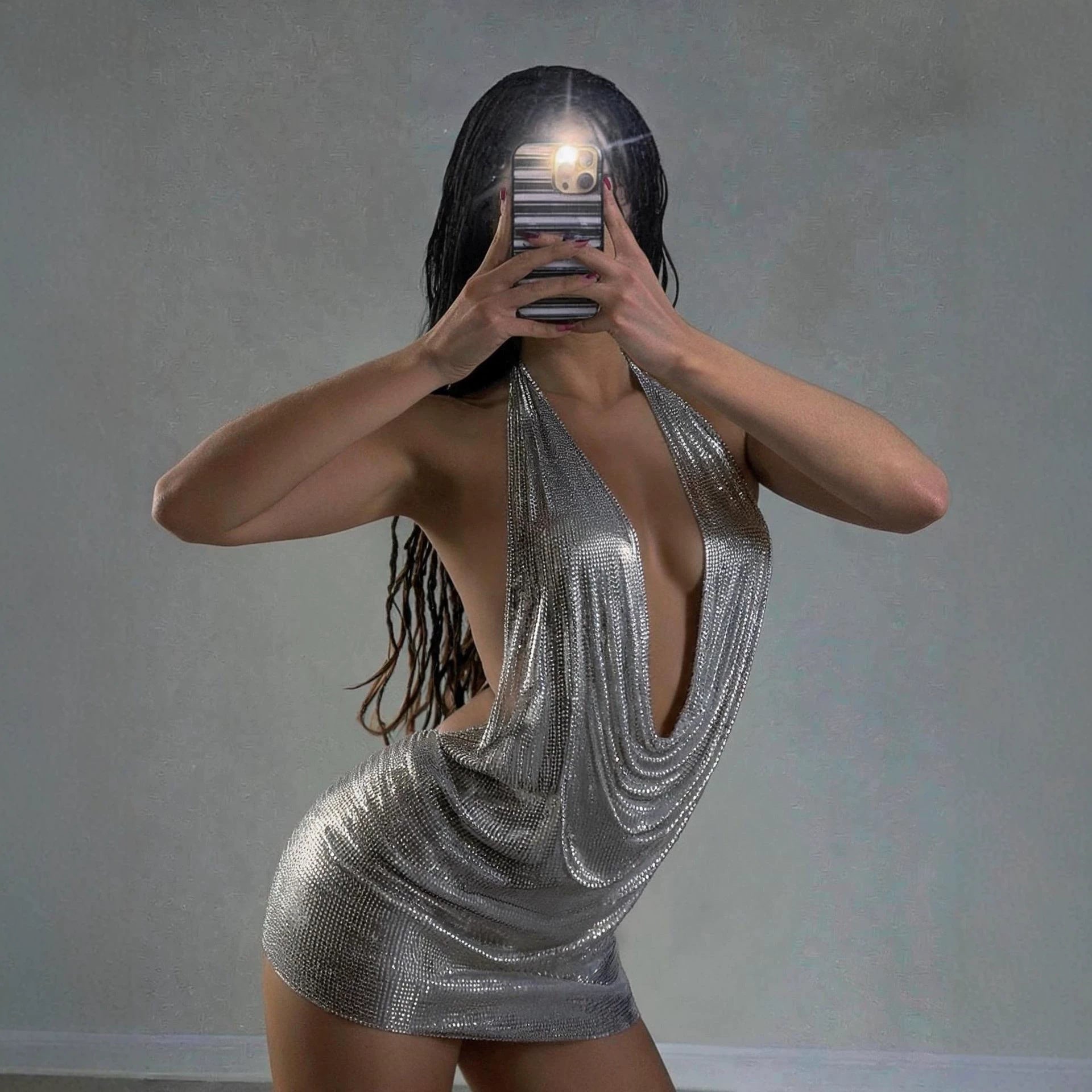 Electronic Music Festival Sexy Glossy Swing Collar Halter Backless Strap Aluminum Sheet Dress DestGlow