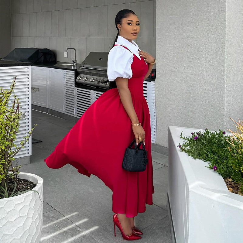 Women Clothing Autumn Elegant Bubble Sleeve Women Shirt Collar High Waist Slimming Dress Faux Two Pieces by Ragazza