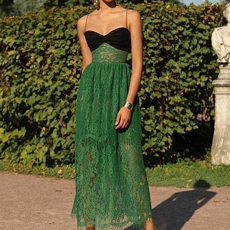 Women Clothing Sexy Suspenders Lace Green Hollow Out Cutout Holiday Mopping Maxi Dress by Ragazza