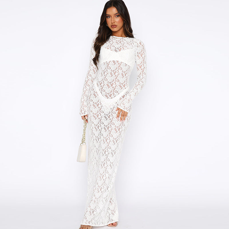 Women Clothing Spring Summer Solid Color Lace See through Long Sleeve Mid Length Dress by Ragazza