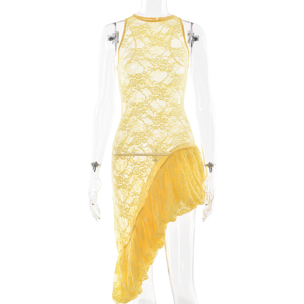 Sleeveless round Neck Dress Summer Sexy Lace See through Irregular Asymmetric Maxi Dress Women by Ragazza