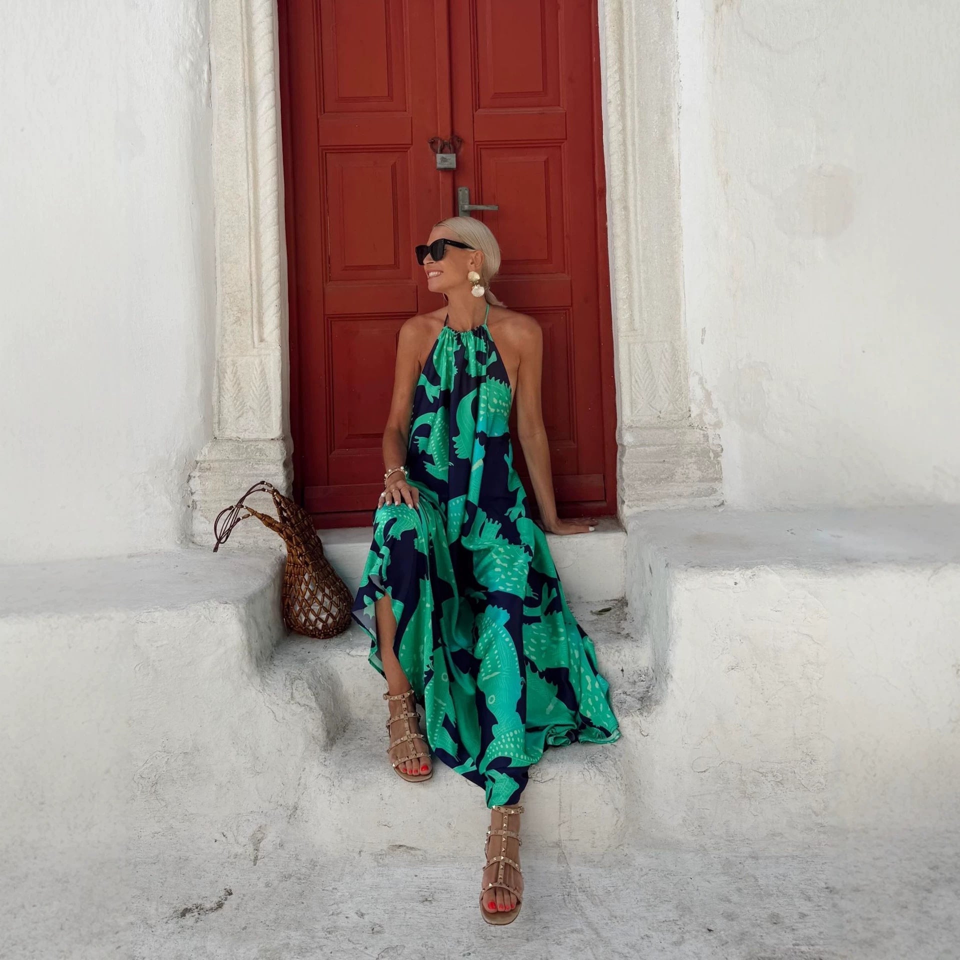 Summer Dress Printed Backless Sexy Halter Strap Maxi Dress DestGlow